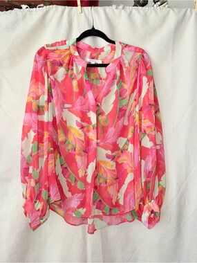 Chico's Vibrant Pink Tropical Print Sheer Blouse Chico’s sz2 reg. 12-14